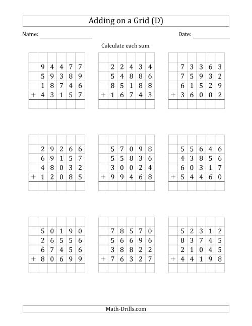 The Adding Four 5-Digit Numbers on a Grid (D) Math Worksheet