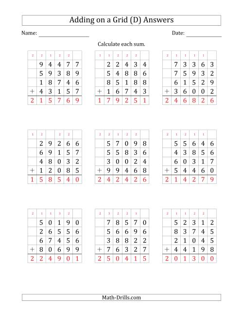 The Adding Four 5-Digit Numbers on a Grid (D) Math Worksheet Page 2