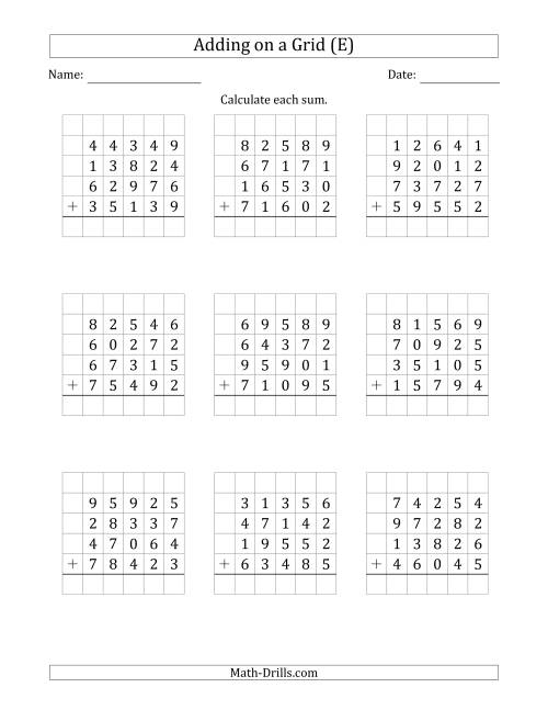 The Adding Four 5-Digit Numbers on a Grid (E) Math Worksheet