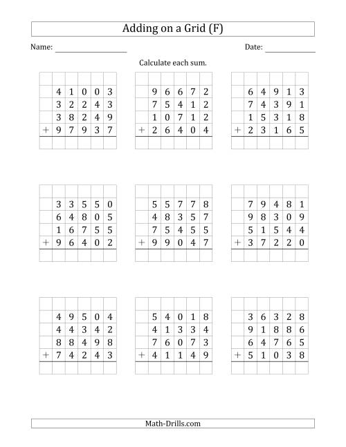 The Adding Four 5-Digit Numbers on a Grid (F) Math Worksheet