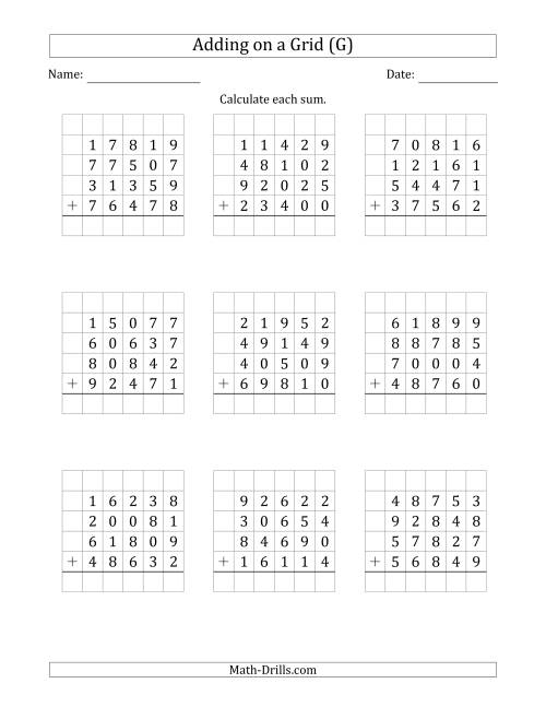 The Adding Four 5-Digit Numbers on a Grid (G) Math Worksheet