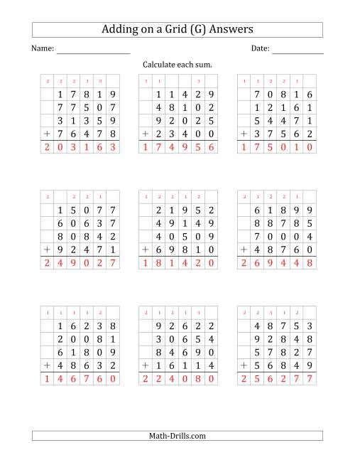 The Adding Four 5-Digit Numbers on a Grid (G) Math Worksheet Page 2