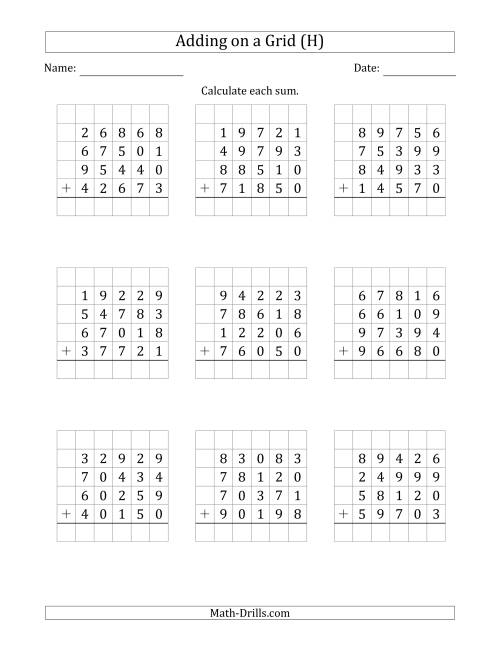 The Adding Four 5-Digit Numbers on a Grid (H) Math Worksheet