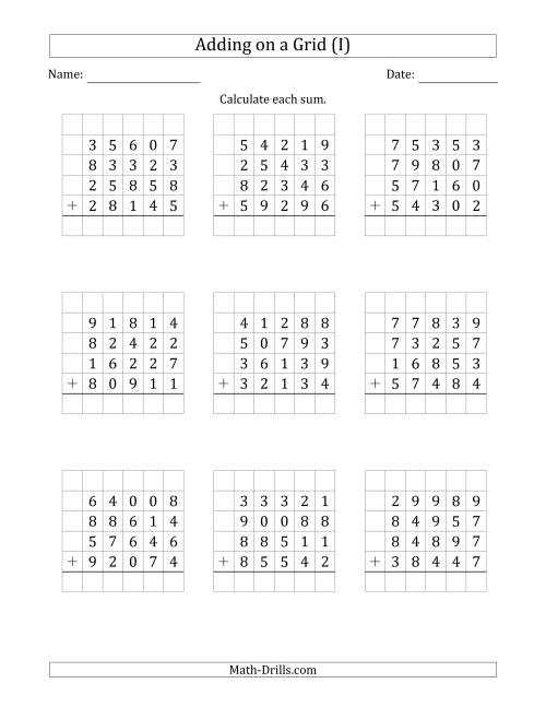 The Adding Four 5-Digit Numbers on a Grid (I) Math Worksheet