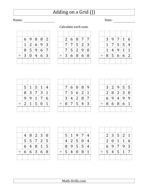 The Adding Four 5-Digit Numbers on a Grid (J) Math Worksheet