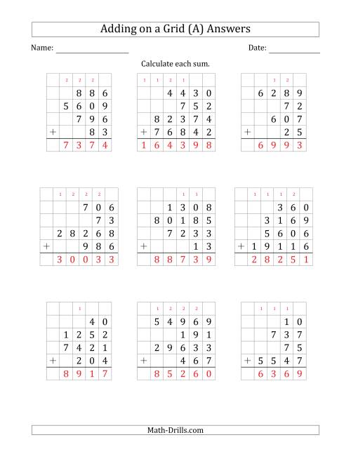 The Adding Four Various-Digit Numbers on a Grid (A) Math Worksheet Page 2