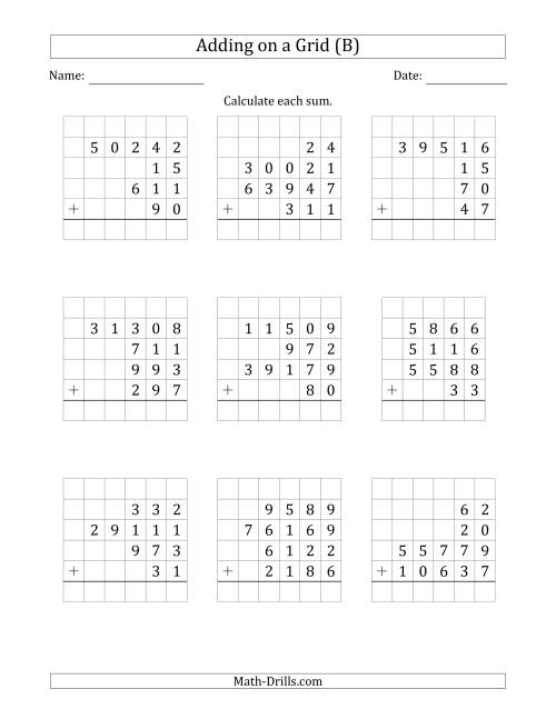 The Adding Four Various-Digit Numbers on a Grid (B) Math Worksheet