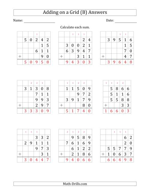 The Adding Four Various-Digit Numbers on a Grid (B) Math Worksheet Page 2