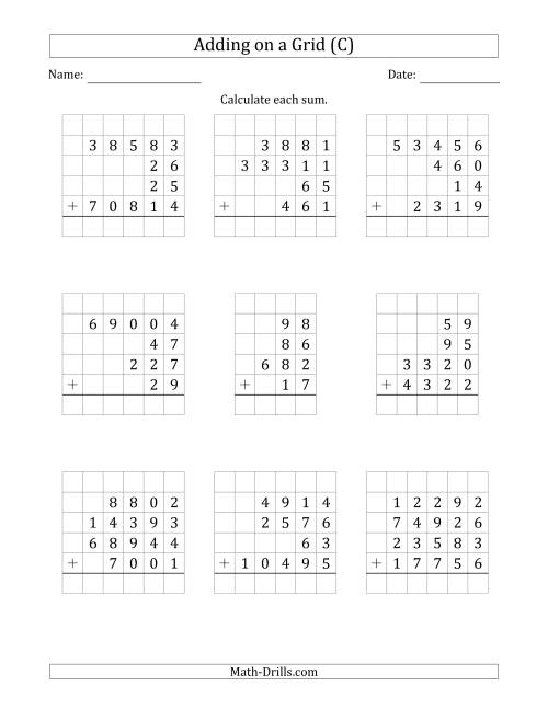 The Adding Four Various-Digit Numbers on a Grid (C) Math Worksheet
