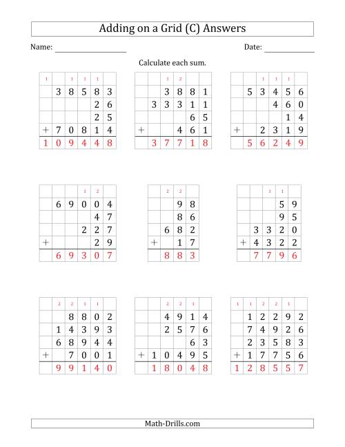 The Adding Four Various-Digit Numbers on a Grid (C) Math Worksheet Page 2