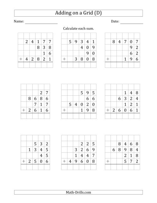 The Adding Four Various-Digit Numbers on a Grid (D) Math Worksheet