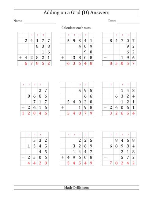 The Adding Four Various-Digit Numbers on a Grid (D) Math Worksheet Page 2