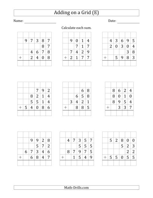 The Adding Four Various-Digit Numbers on a Grid (E) Math Worksheet