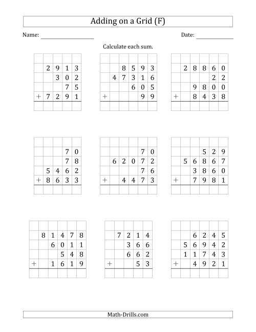 The Adding Four Various-Digit Numbers on a Grid (F) Math Worksheet