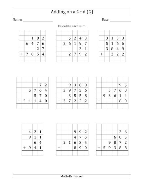 The Adding Four Various-Digit Numbers on a Grid (G) Math Worksheet