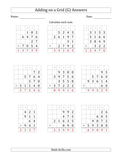 The Adding Four Various-Digit Numbers on a Grid (G) Math Worksheet Page 2
