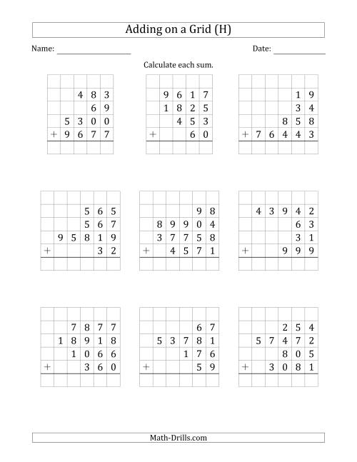 The Adding Four Various-Digit Numbers on a Grid (H) Math Worksheet
