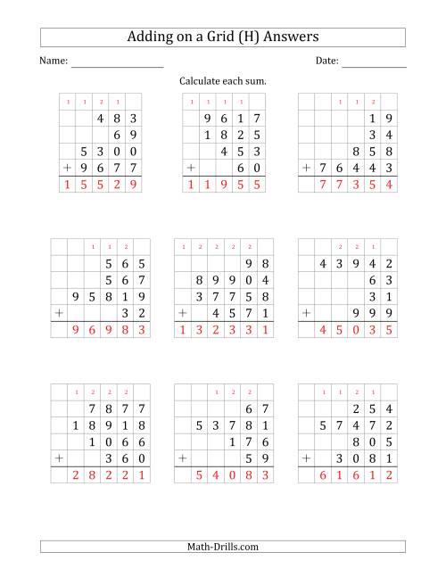 The Adding Four Various-Digit Numbers on a Grid (H) Math Worksheet Page 2