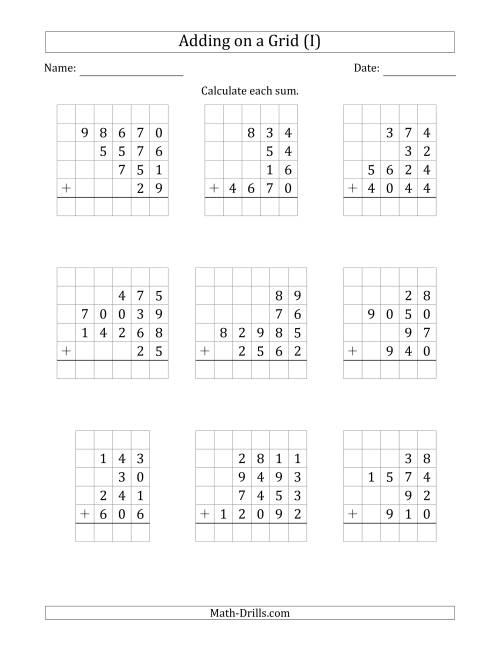 The Adding Four Various-Digit Numbers on a Grid (I) Math Worksheet