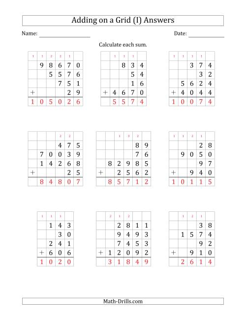 The Adding Four Various-Digit Numbers on a Grid (I) Math Worksheet Page 2