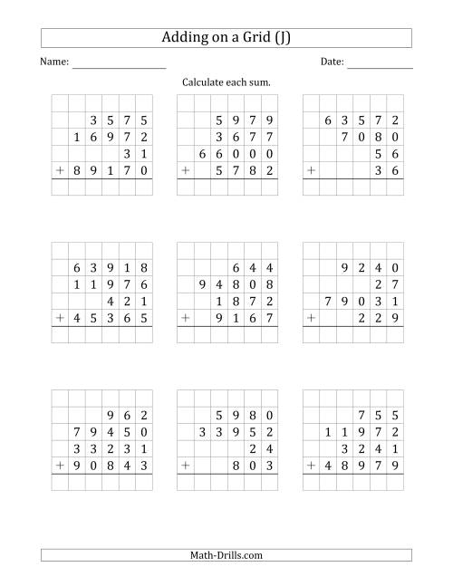 The Adding Four Various-Digit Numbers on a Grid (J) Math Worksheet