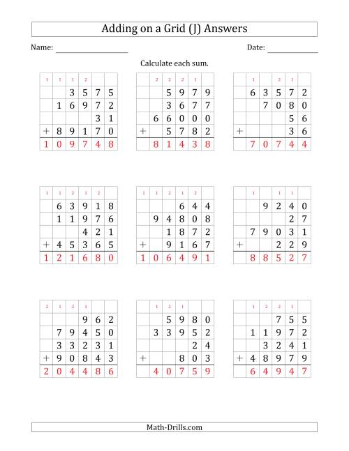 The Adding Four Various-Digit Numbers on a Grid (J) Math Worksheet Page 2