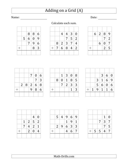 The Adding Four Various-Digit Numbers on a Grid (All) Math Worksheet