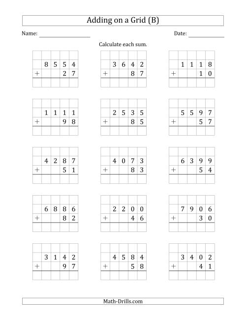 The Adding 4-Digit Plus 2-Digit Numbers on a Grid (B) Math Worksheet
