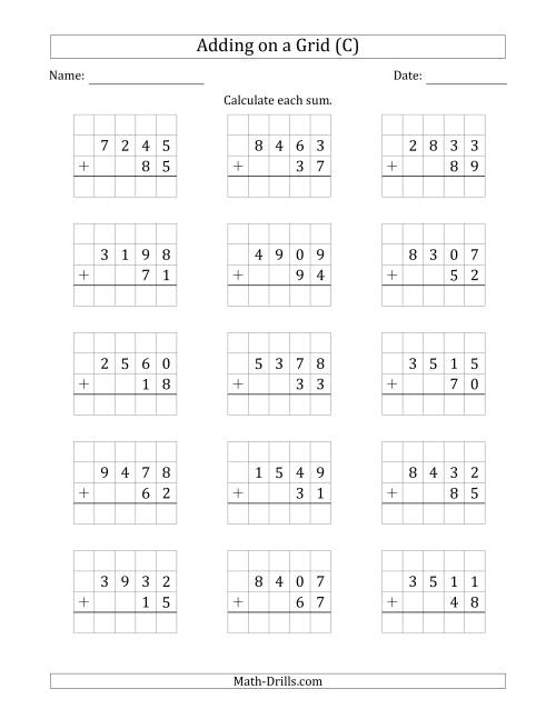 The Adding 4-Digit Plus 2-Digit Numbers on a Grid (C) Math Worksheet
