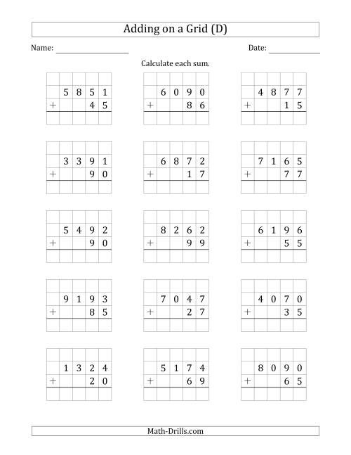 The Adding 4-Digit Plus 2-Digit Numbers on a Grid (D) Math Worksheet