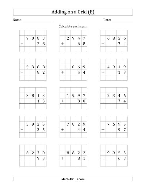 The Adding 4-Digit Plus 2-Digit Numbers on a Grid (E) Math Worksheet