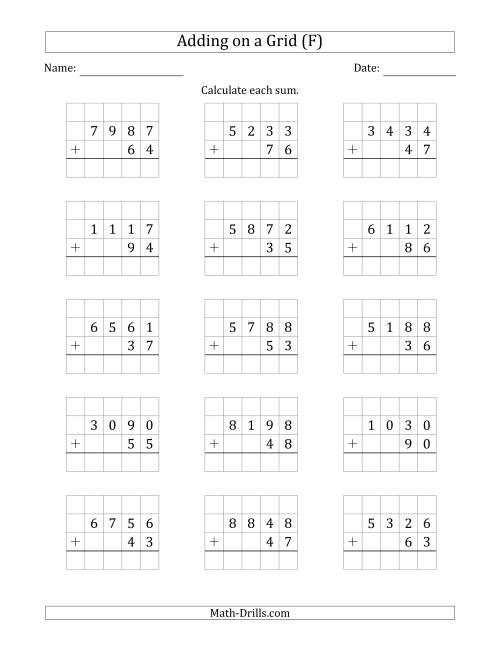 The Adding 4-Digit Plus 2-Digit Numbers on a Grid (F) Math Worksheet