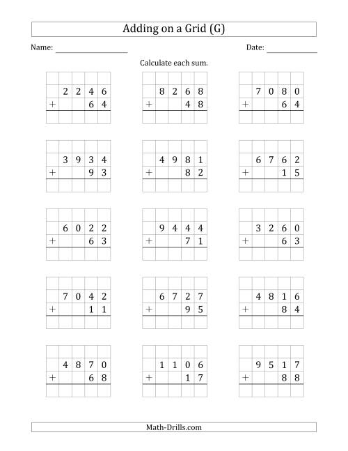 The Adding 4-Digit Plus 2-Digit Numbers on a Grid (G) Math Worksheet