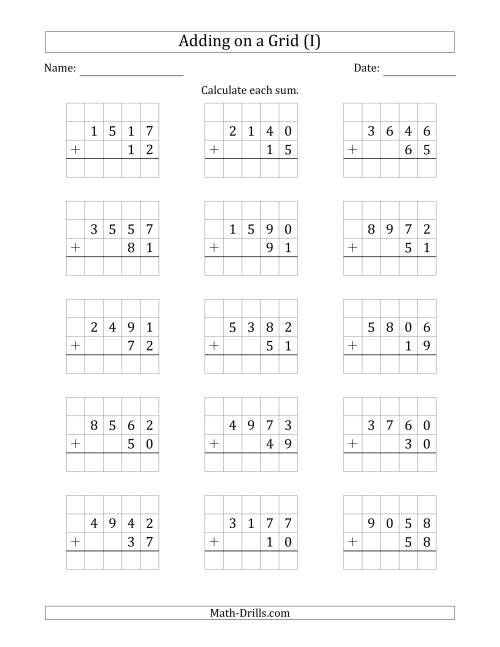 The Adding 4-Digit Plus 2-Digit Numbers on a Grid (I) Math Worksheet