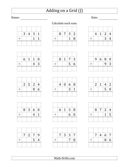 The Adding 4-Digit Plus 2-Digit Numbers on a Grid (J) Math Worksheet