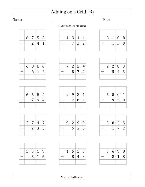 The Adding 4-Digit Plus 3-Digit Numbers on a Grid (B) Math Worksheet