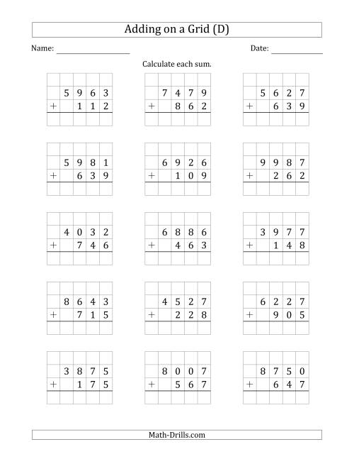 The Adding 4-Digit Plus 3-Digit Numbers on a Grid (D) Math Worksheet