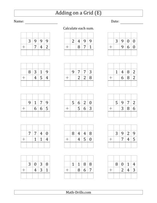 The Adding 4-Digit Plus 3-Digit Numbers on a Grid (E) Math Worksheet