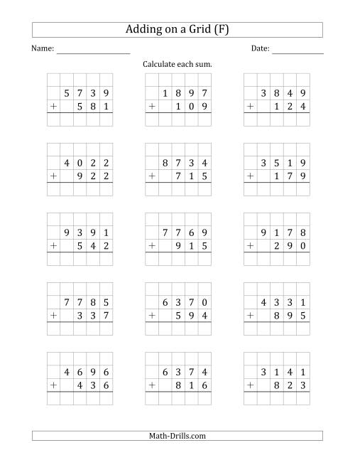 The Adding 4-Digit Plus 3-Digit Numbers on a Grid (F) Math Worksheet