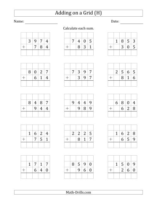 The Adding 4-Digit Plus 3-Digit Numbers on a Grid (H) Math Worksheet
