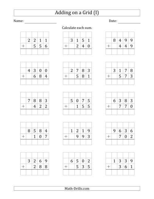 The Adding 4-Digit Plus 3-Digit Numbers on a Grid (I) Math Worksheet