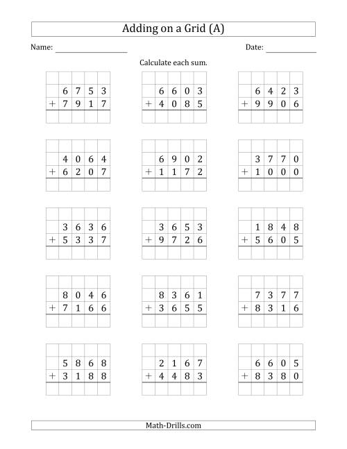 The Adding 4-Digit Plus 4-Digit Numbers on a Grid (A) Math Worksheet