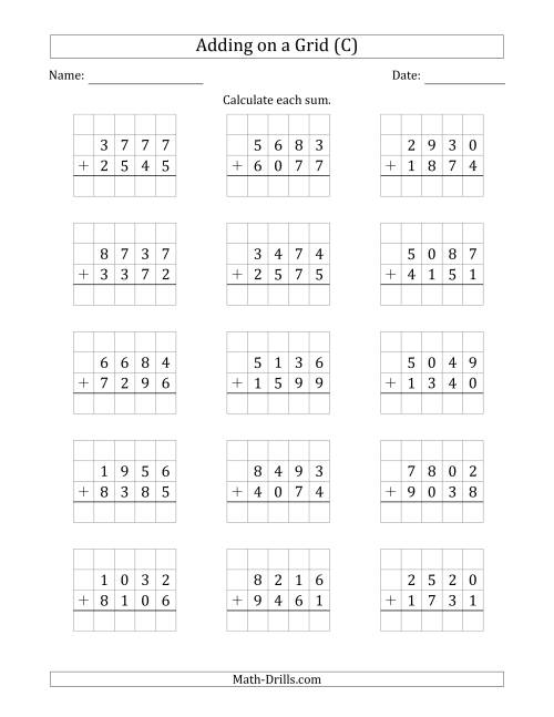 The Adding 4-Digit Plus 4-Digit Numbers on a Grid (C) Math Worksheet