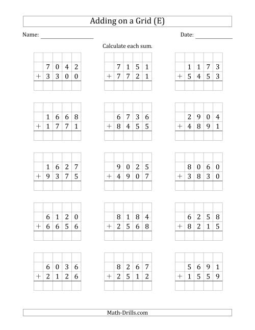 The Adding 4-Digit Plus 4-Digit Numbers on a Grid (E) Math Worksheet