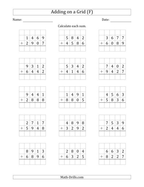 The Adding 4-Digit Plus 4-Digit Numbers on a Grid (F) Math Worksheet