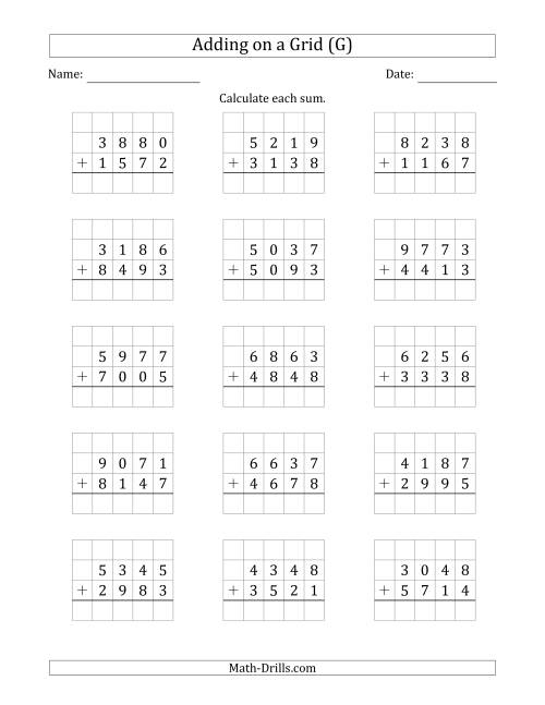 The Adding 4-Digit Plus 4-Digit Numbers on a Grid (G) Math Worksheet