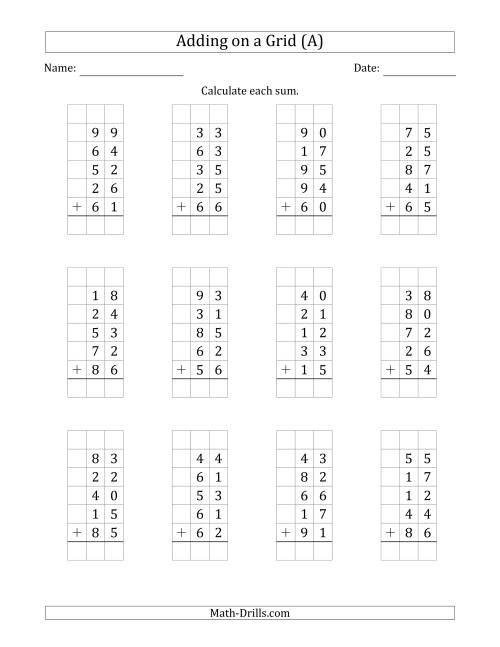 The Adding Five 2-Digit Numbers on a Grid (A) Math Worksheet