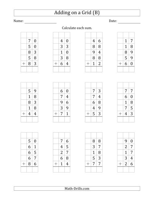The Adding Five 2-Digit Numbers on a Grid (B) Math Worksheet