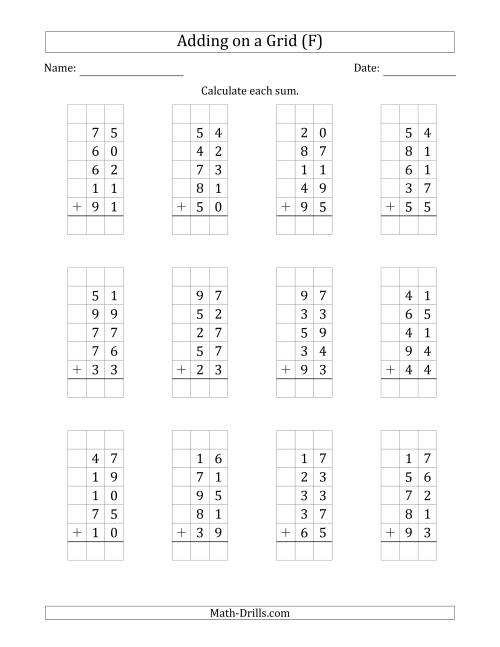 The Adding Five 2-Digit Numbers on a Grid (F) Math Worksheet