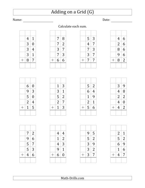 The Adding Five 2-Digit Numbers on a Grid (G) Math Worksheet